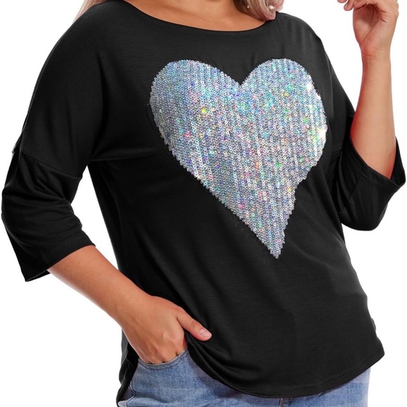 Black Sequin Heart Women's Top - Picture 3 of 3